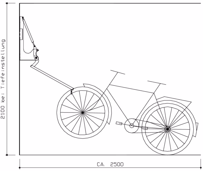 Fahrrad-Wandparker ′Mailand′ mit Liftfunktion, Einstellwinkel 90° - Technische Ansicht: Benötigte Stellraumtiefe zum Einhängen