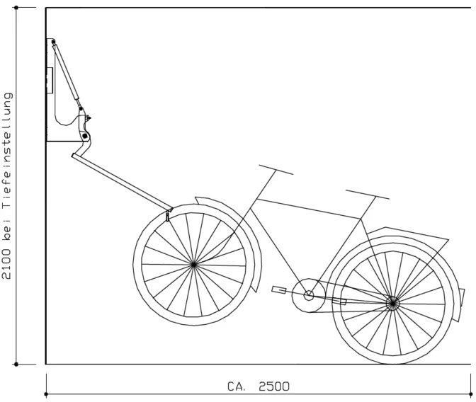 Fahrrad-Wandparker ′Mailand′ mit Liftfunktion, Einstellwinkel 90° - Technische Ansicht: Benötigte Stellraumtiefe zum Einhängen