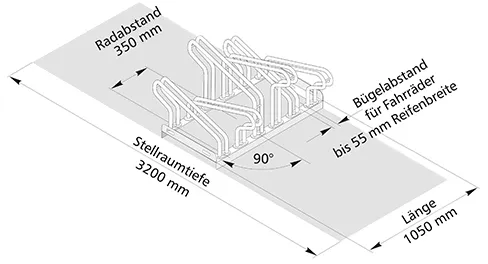 Fahrradständer Bügelparker Typ 2000 und Typ 2000BF, zweiseitige Radeinstellung 90° - Technische Ansicht: (Art. 2156)