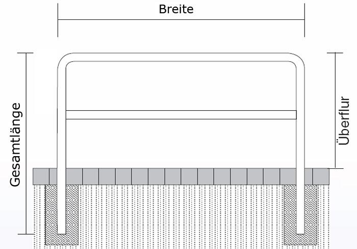 Technische Ansicht: Maße Anlehn-/Absperrbügel -Sylt- zum Einbetonieren (Art. 21938)