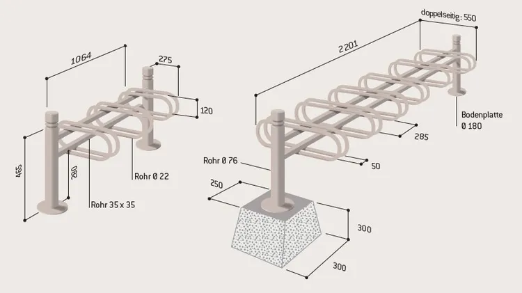 Fahrradständer ′Trend′ aus Stahl, zweiseitige Radeinstellung - Technische Ansicht: