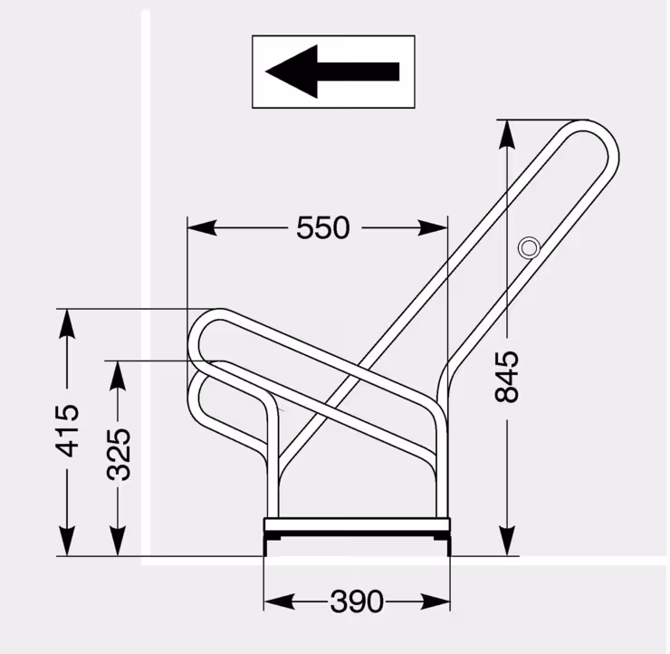 Fahrradständer Anlehnbügel Typ 2500, einseitige Radeinstellung 90° - Technische Ansicht: Seitenansicht