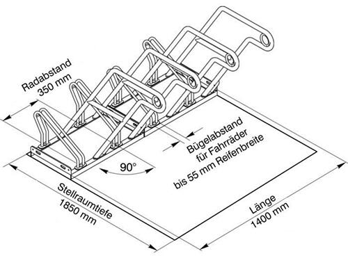Technische Ansicht: Radabstand, Stellraumtiefe, Bügelabstand und Länge