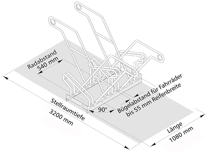 Fahrradständer Anlehnparker Typ 2600 XBF, ADFC Qualität, zweiseitige Radeinstellung - Technische Ansicht: zweiseitige Radeinstellung