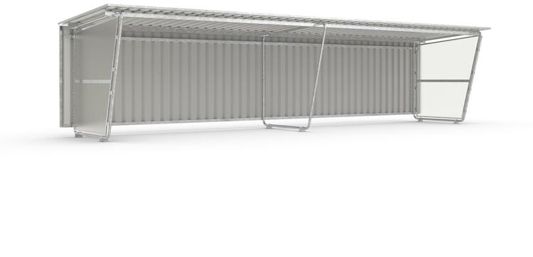 Modellbeispiel: Grundeinheit und Anbaueinheit mit Rückwand aus Trapezblech und mit transparenten