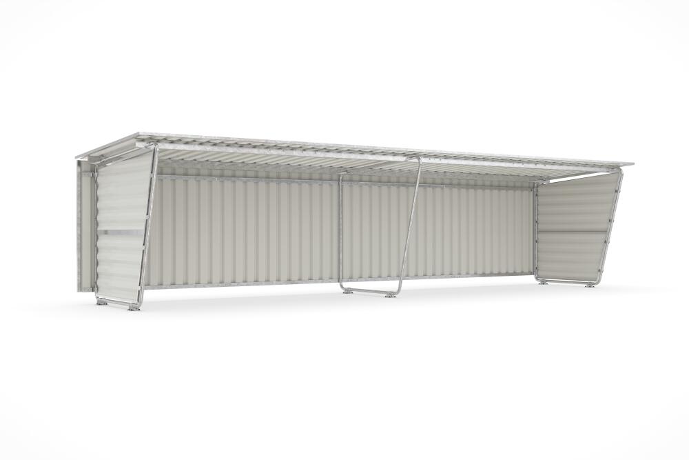 Modellbeispiel: Grundeinheit und Anbaueinheit mit Rückwand aus Trapezblech und mit Seitenwänden aus