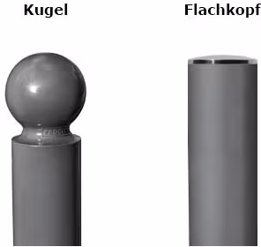 Anlehnbügel ′Province′ aus Stahl, Höhe 1000 mm, zum Einbetonieren, Kugel- oder Flachkopf - Detailansicht: Kopfformen des Anlehnbügel -Province- ...