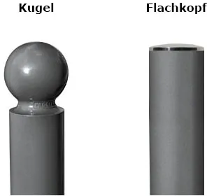 Anlehnbügel ′Province′ aus Stahl, Höhe 1000 mm, zum Einbetonieren, Kugel- oder Flachkopf - Detailansicht: Kopfformen des Anlehnbügel -Province- ...