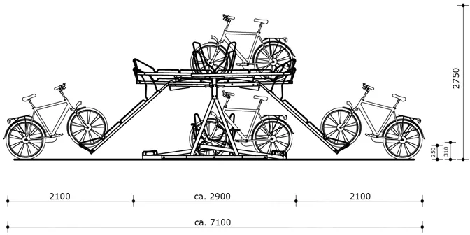 Doppelstockparker ′Optimus′ doppelseitig mit 400 mm Radabstand und Gasdruckfedern - Technische Ansicht: Doppelstockparker