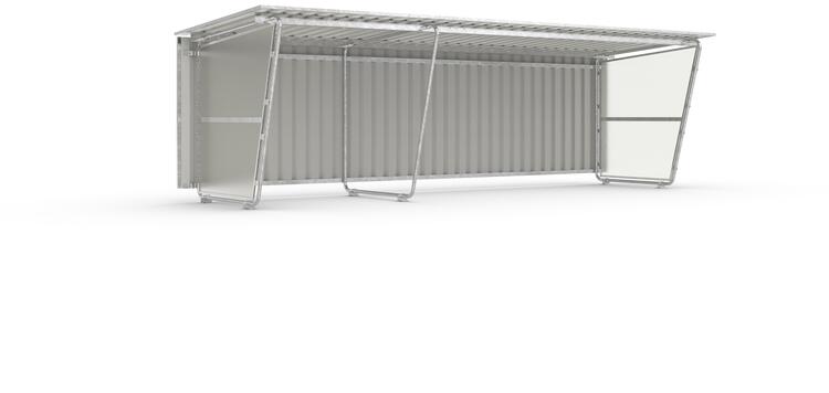 Modellbeispiel: Grundeinheit und Anbaueinheit mit Rückwand aus Trapezblech und mit transparenten