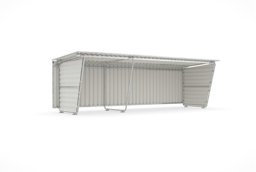 Modellbeispiel: Grundeinheit und Anbaueinheit mit Rückwand aus Trapezblech und mit Seitenwänden aus