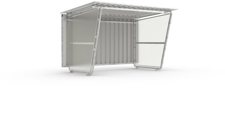 Modellbeispiel: Grundeinheit mit Rückwand aus Trapezblech und transparenten Seitenwänden (links und