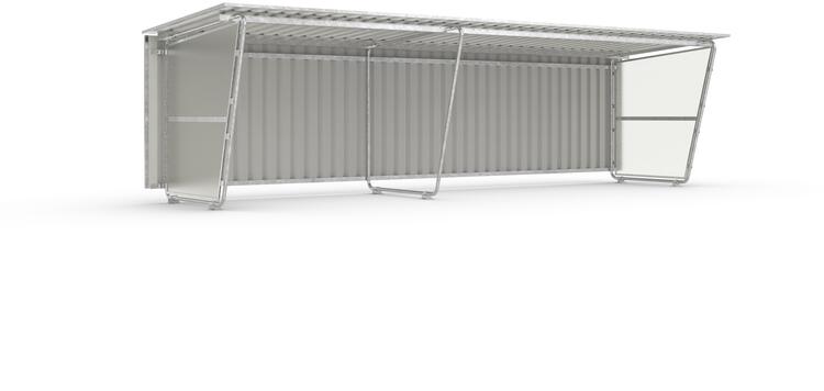 Modellbeispiel: Grundeinheit und Anbaueinheit mit Rückwand aus Trapezblech und mit transparenten