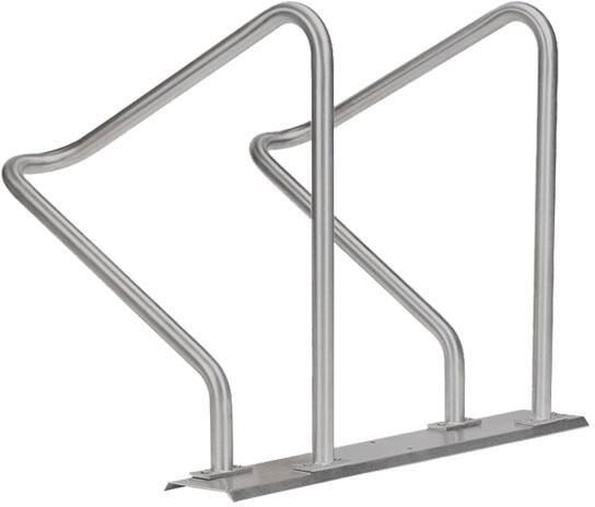 Modellbeispiel: Reihenanlehnbügel -Kalchas- auf Trapezschiene, aus Stahl mit 2 Einstellplätzen