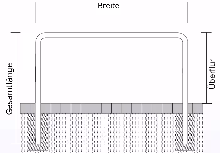 Anlehnbügel/Absperrbügel ′Sylt′ ø 48 mm aus Stahl, zum Einbetonieren, mit Querholm, ohne Farbe, weiß/rot oder nach RAL - Technische Ansicht: ...