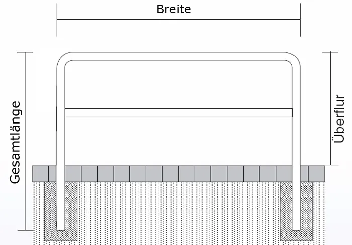 SCHAKE Anlehnbügel/Absperrbügel ′Sylt′ ø 48 mm aus Stahl, zum Einbetonieren, mit Querholm, verzinkt - Technische Ansicht: Anlehn-/Absperrbügel ...