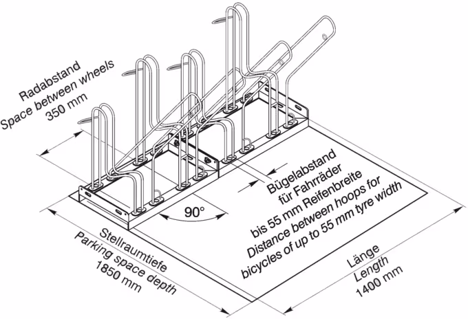 Fahrradständer Anlehnbügel Typ 4500, einseitige Radeinstellung 90°, VSF all-ride zertifiziert - Technische Ansicht: Radabstand, Bügelabstand, ...