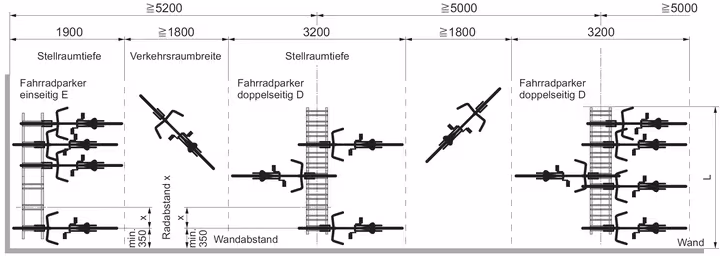 Fahrradständer Anlehnparker Typ 4500 XBF, ADFC Qualität, zweiseitige Radeinstellung - Technische Ansicht: Planungshilfe