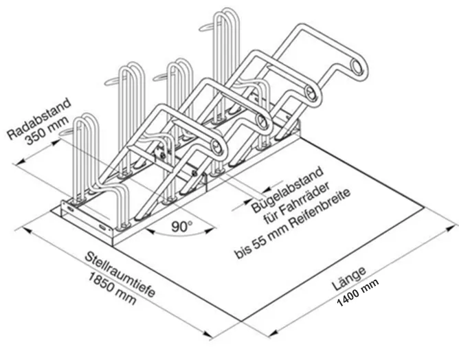 Fahrradständer Anlehnbügel Typ 4600, einseitige Radeinstellung 90°, VSF all-ride zertifiziert - Technische Ansicht: Montageempfehlung (Art. 4604)
