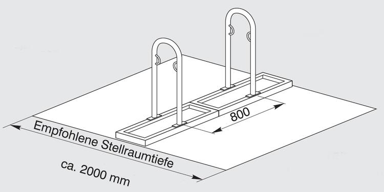 Technische Ansicht: Anlehnbügel -Track-, Radabstand, Bügelabstand und empfohlene Stellraumtiefe