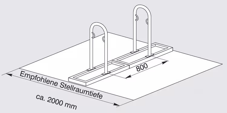 Technische Ansicht: Anlehnbügel -Track-, Radabstand, Bügelabstand und empfohlene Stellraumtiefe