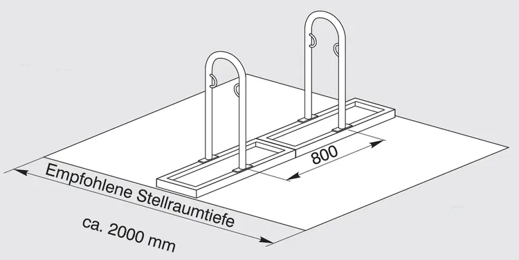 Technische Ansicht: Anlehnbügel -Track-, Radabstand, Bügelabstand und empfohlene Stellraumtiefe