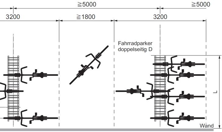 Fahrradständer ′Roof′, einseitige Radeinstellung - Technische Ansicht: Planungshilfe
