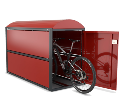 Anwendungsbeispiel: einfaches Einstellen des Rades in die Fahrradbox -Luxury- dank integrierter Führungsschiene (Art. 39202)